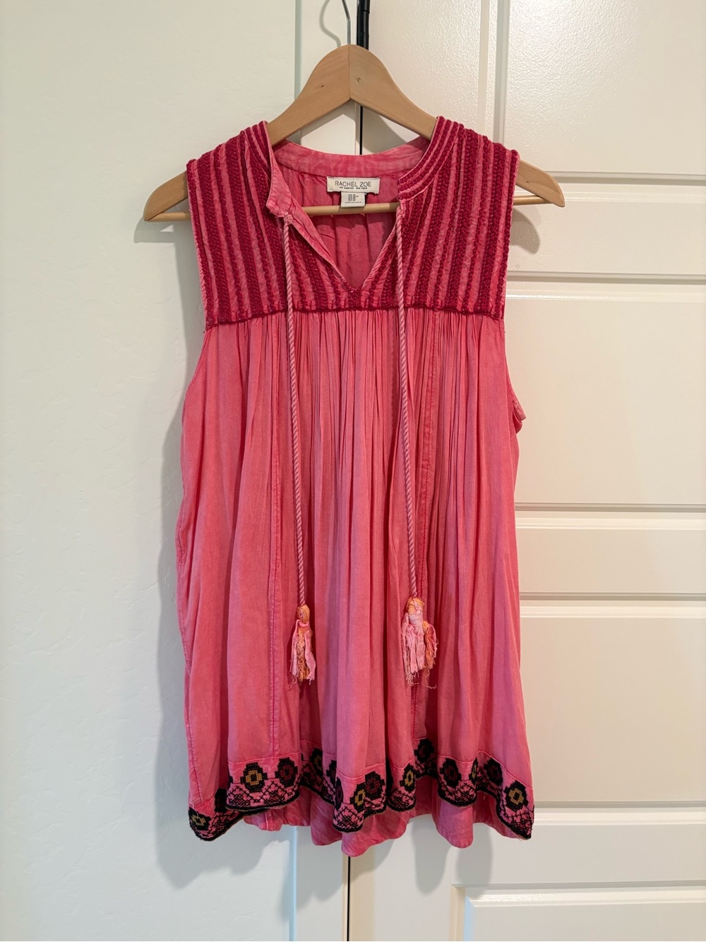 Rachel Zoe Pink Sleeveless Embroidered Tassel Tunic Top Bohemian Style Sz M